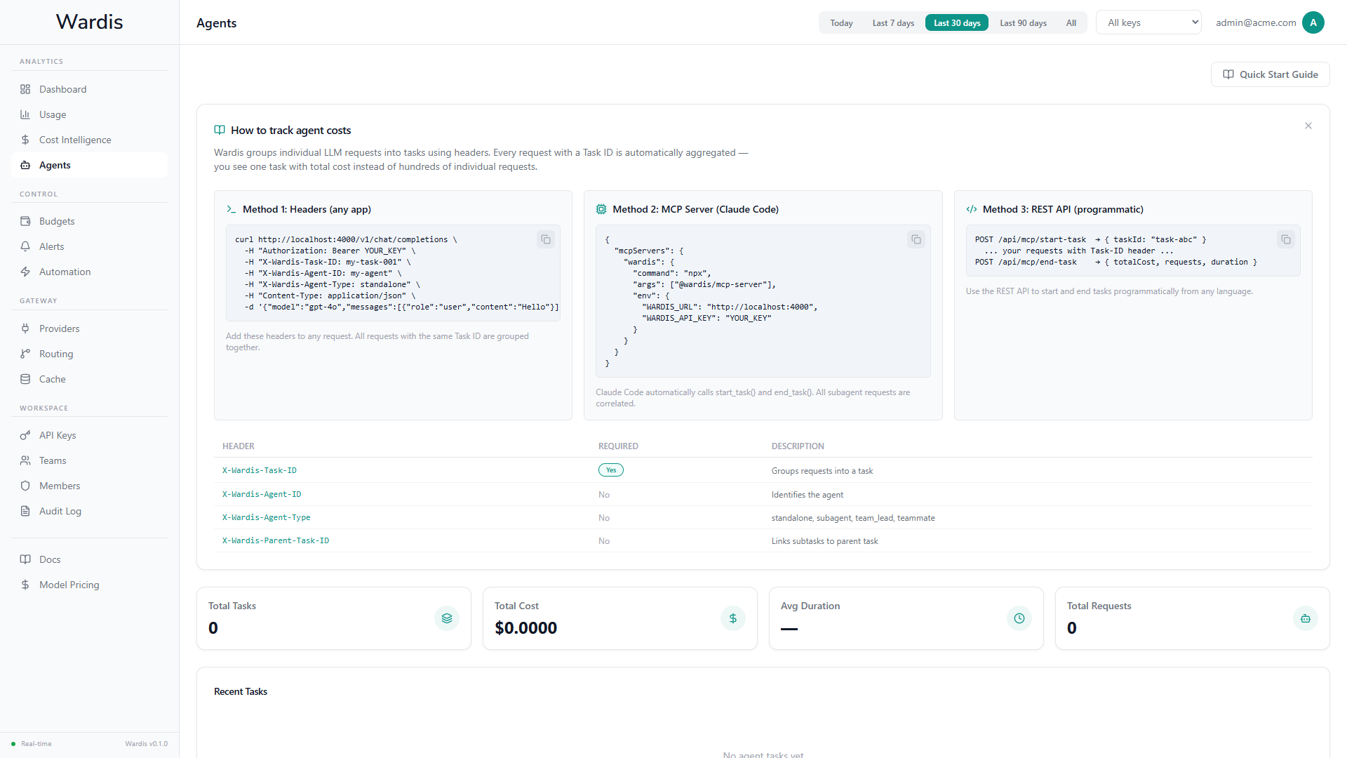 Wardis agent tracking — task list with cost breakdown by agent type