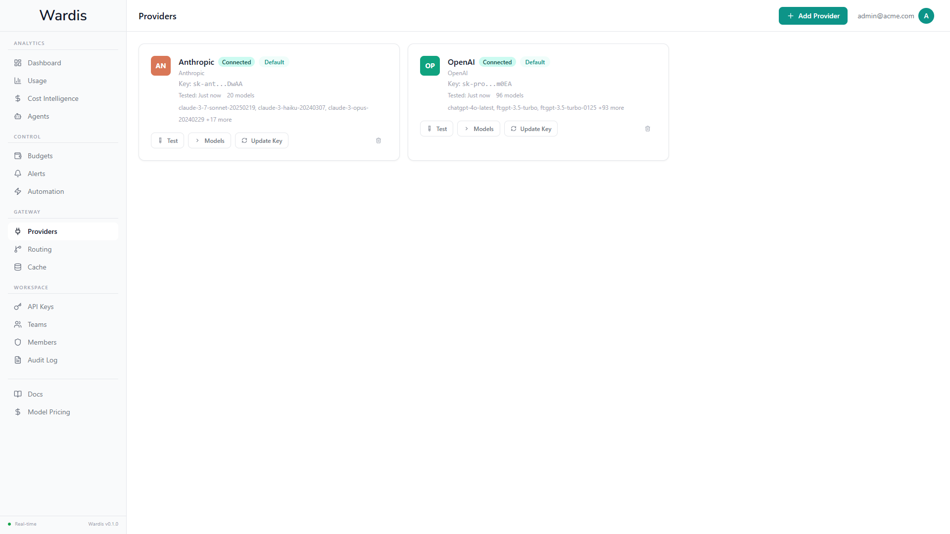 Wardis Providers — connect OpenAI, Anthropic, Google and more