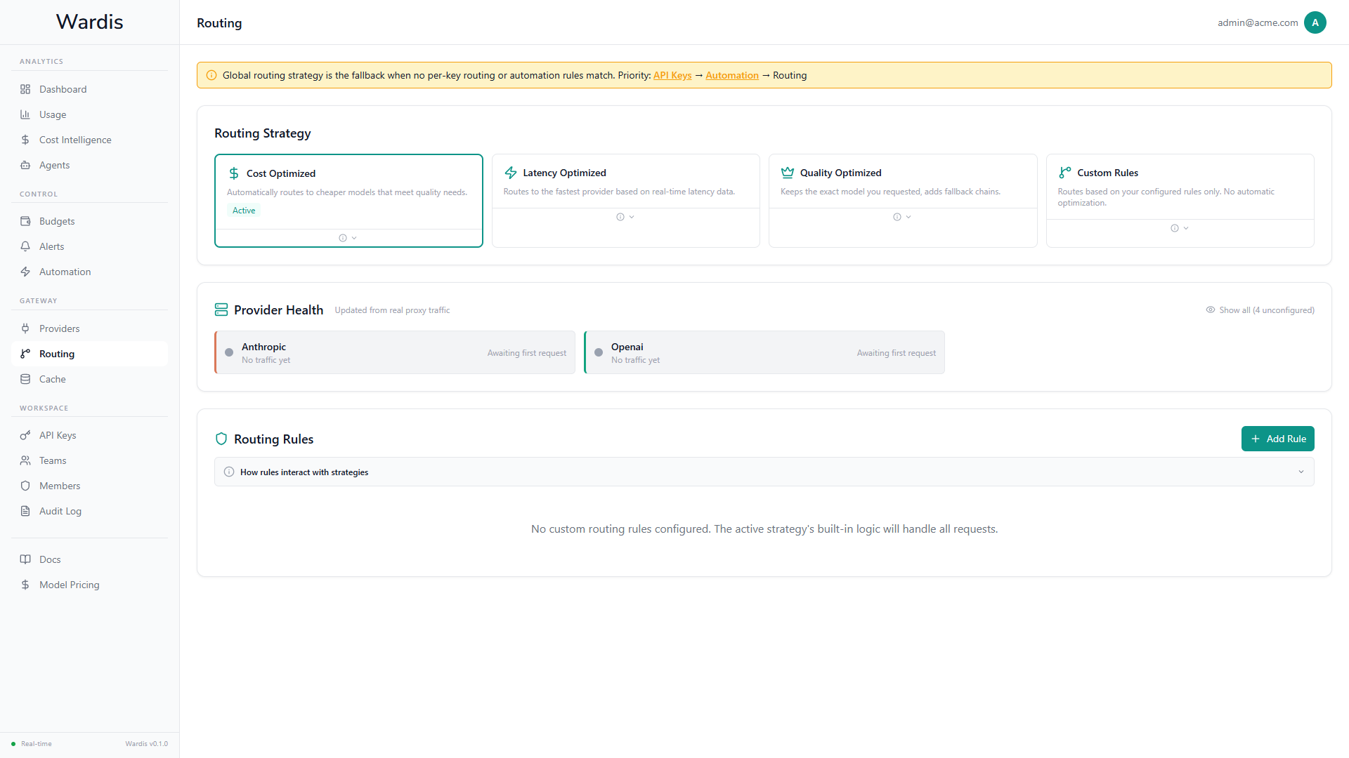 Wardis Routing — strategy selection, provider health, and custom routing rules
